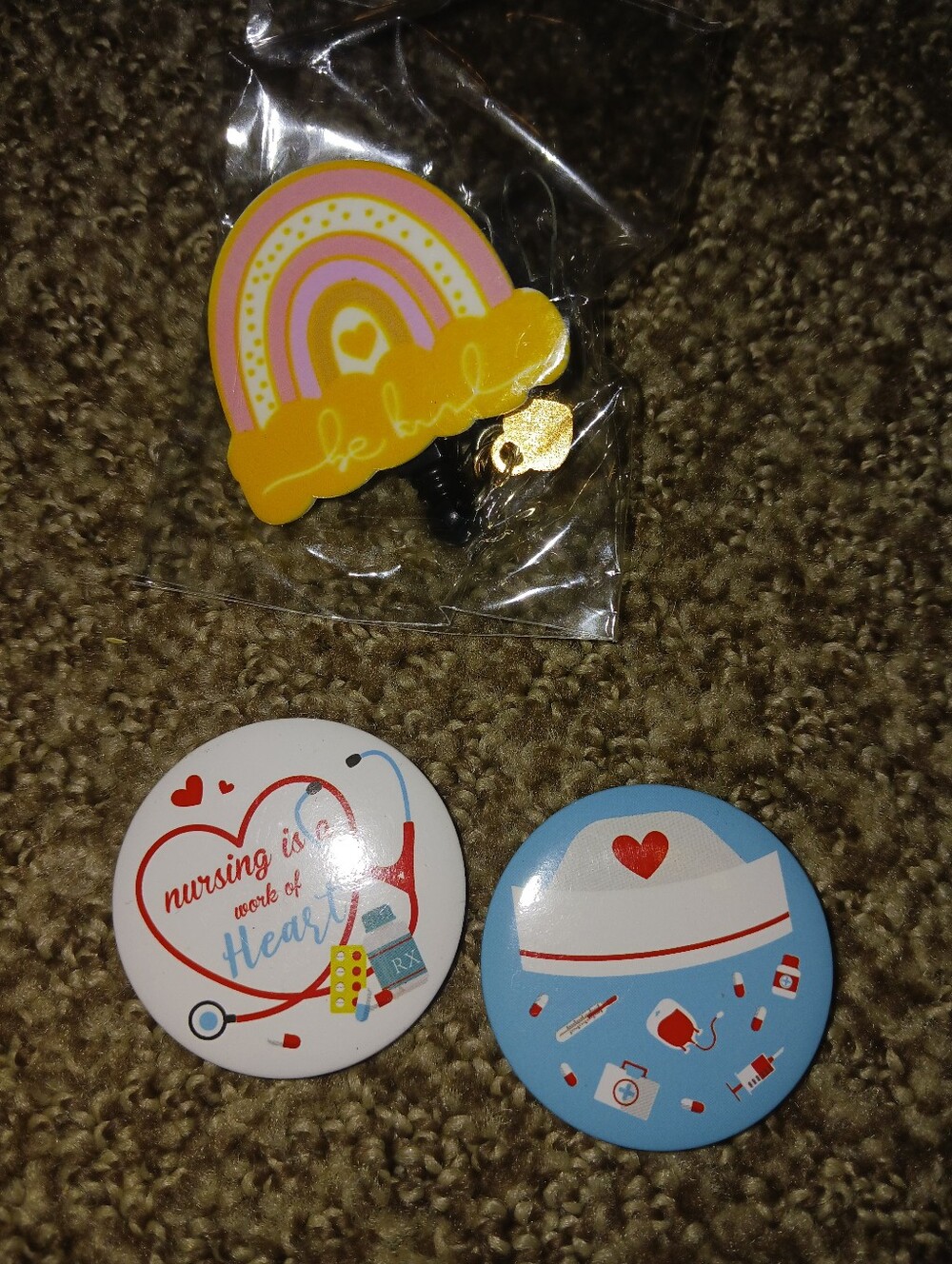 Cute Rainbow Nursing Badge Reel and Nursing Badge Buttons - Yellow, Pink, Blue